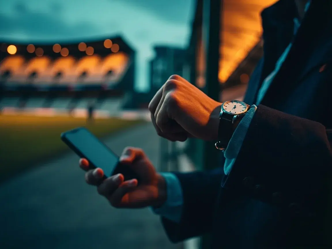 A reader checks the time on a wristwatch next to a smartphone, beside a floodlit ground