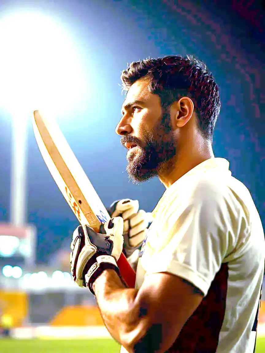 A professional cricketer warming up with bat near boundary ropes at night, authentic pads and gloves, focused expression
