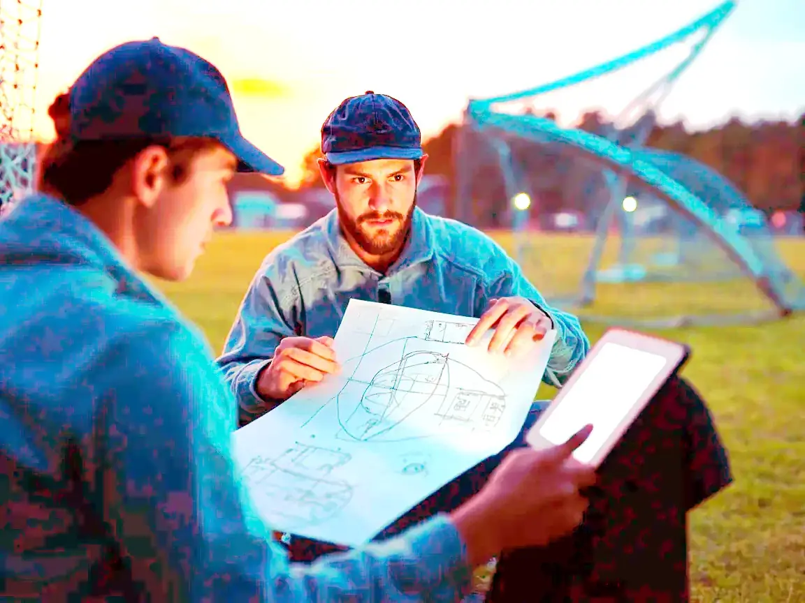 Two cricket analysts studying handwritten field diagrams and a tablet beside a real practice ground at dusk