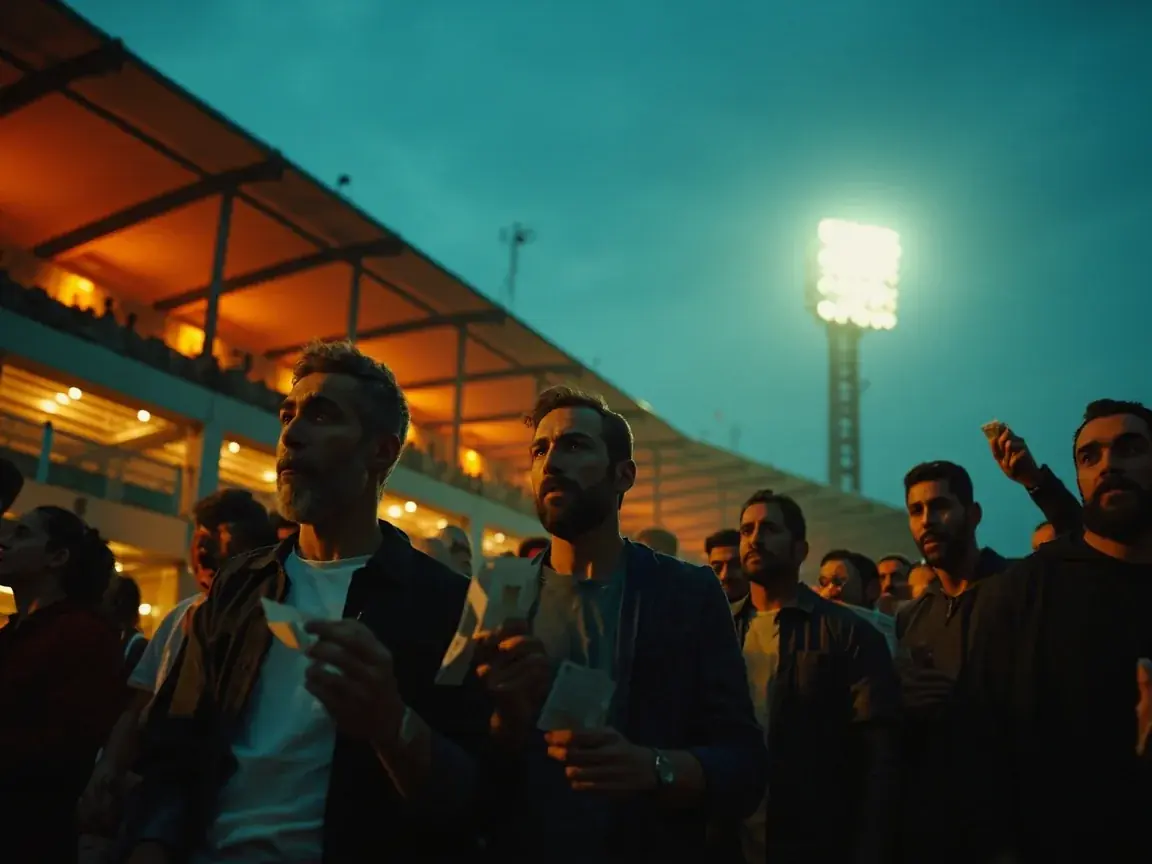 Fans arrive at the stadium gates before the evening match under floodlights