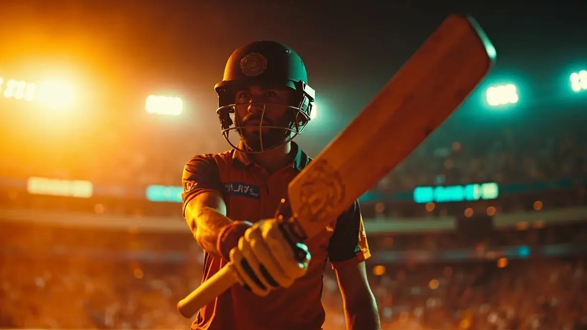 Floodlit stadium at the IPL, expectant crowd under warm lights