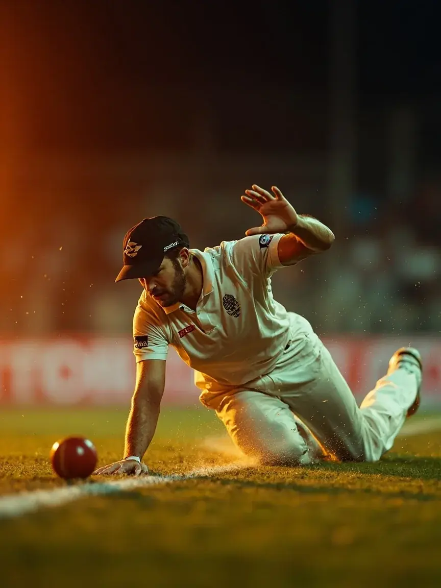 A boundary fielder picks up the ball near the rope on a floodlit outfield
