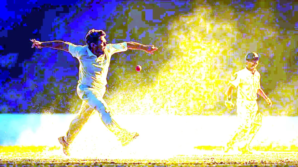 A bowler mid-stride under bright floodlights during a one-day international