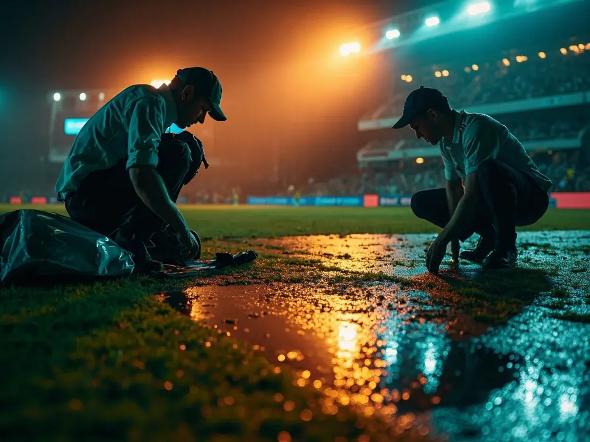 Ground staff inspect a wet pitch under floodlights after light rain