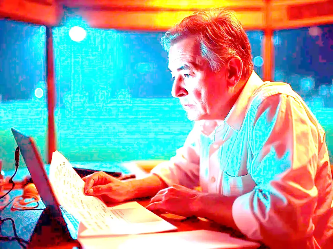 A scorekeeper records the fall of wickets and bowling figures beside the boundary