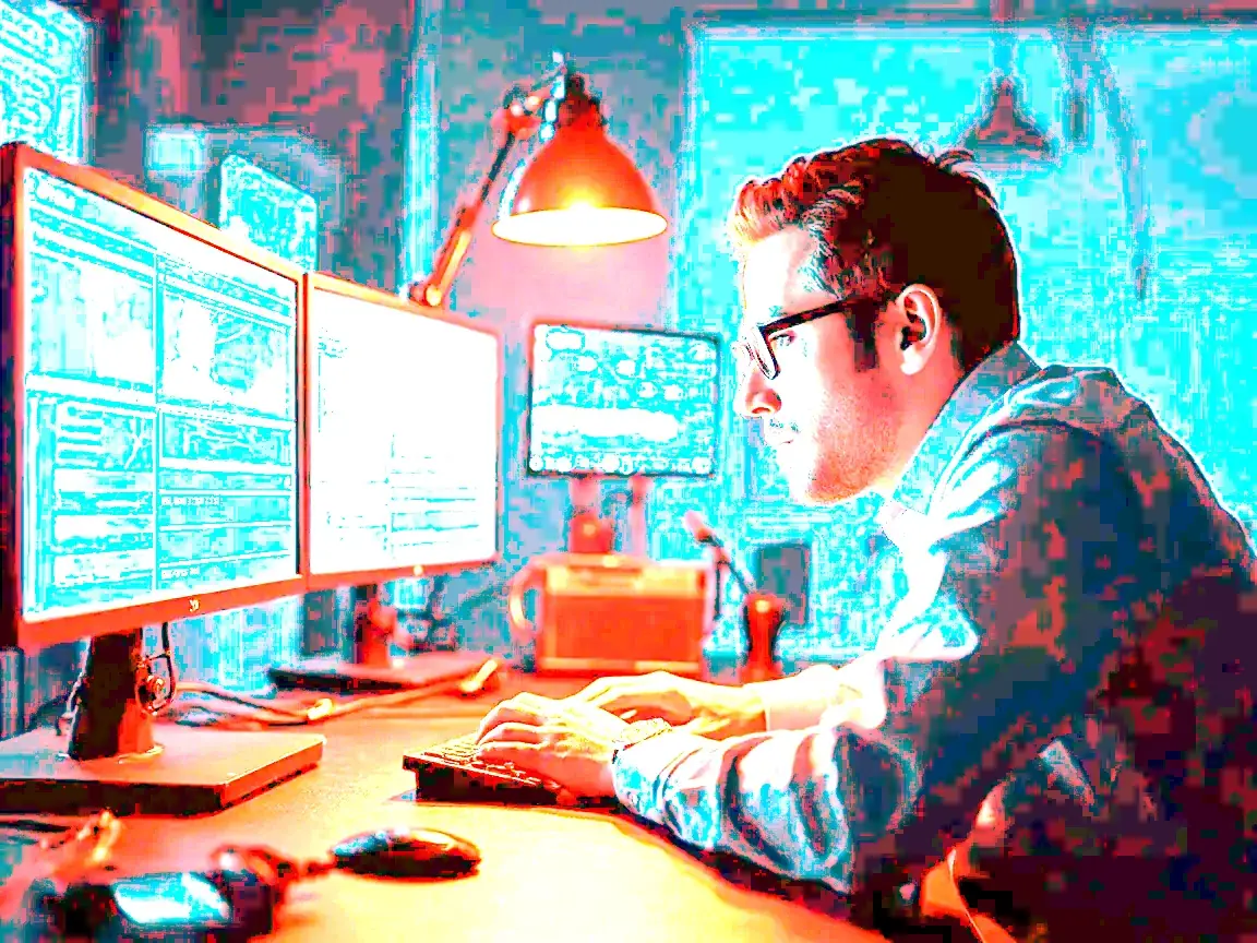 An editor works through late mail at a desk under warm desk lamps