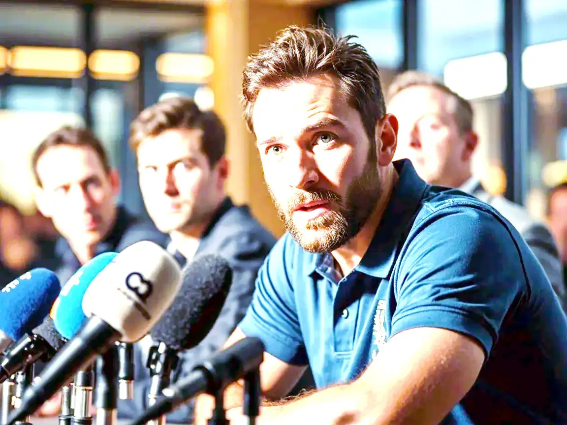 A captain speaks at a press conference in a floodlit press box