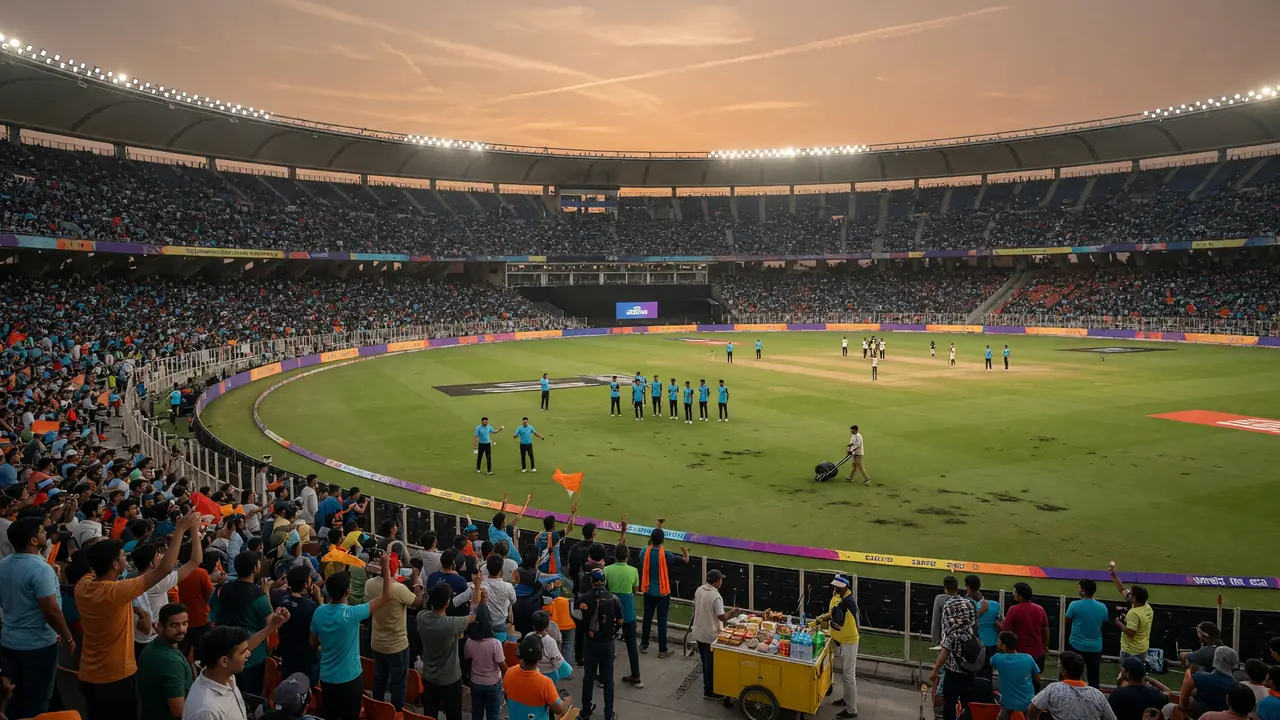 Wide evening view of a packed cricket stadium with floodlights over a green outfield before an IPL match