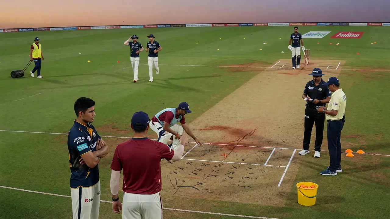 Fielders gathered near the pitch discussing placements with cones and practice gear on the outfield