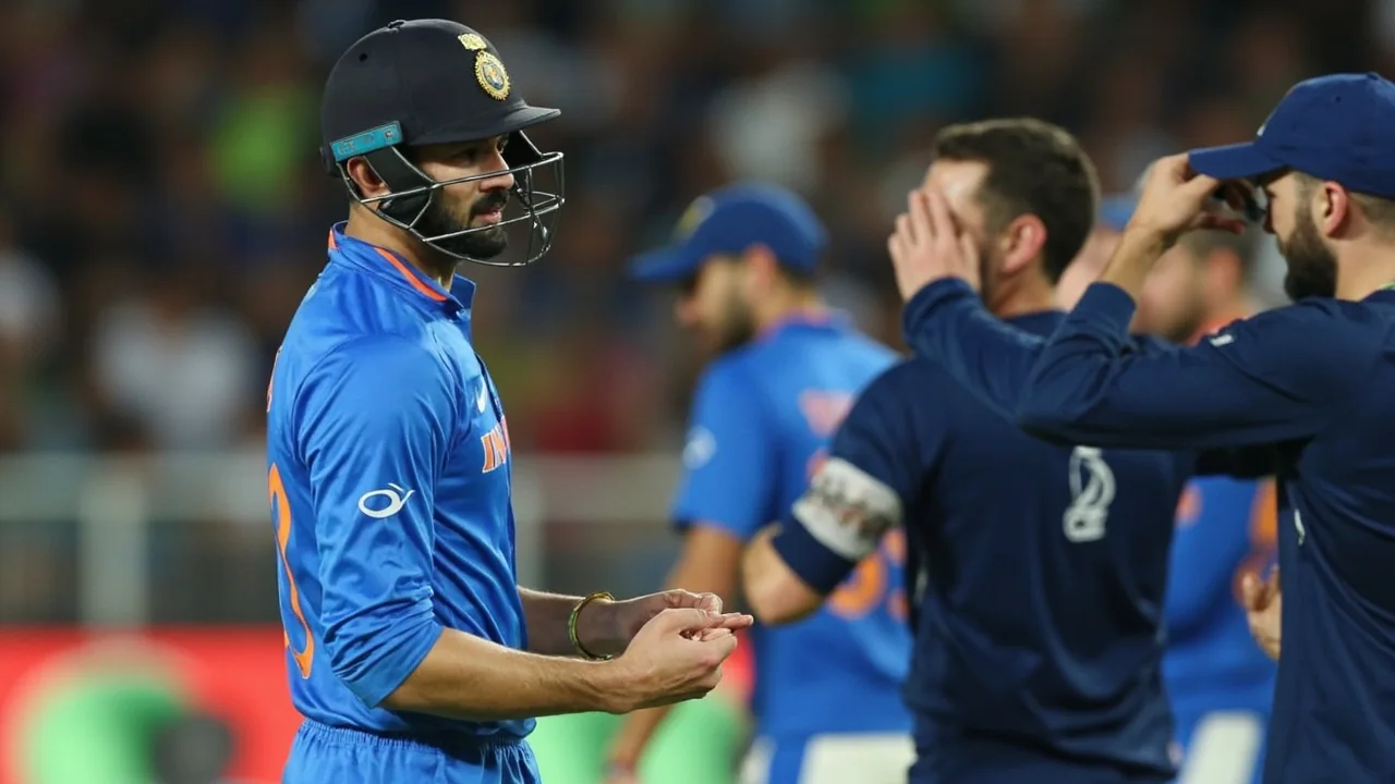 Fielders set in catching positions with the captain walking through a tactical field change during an ODI