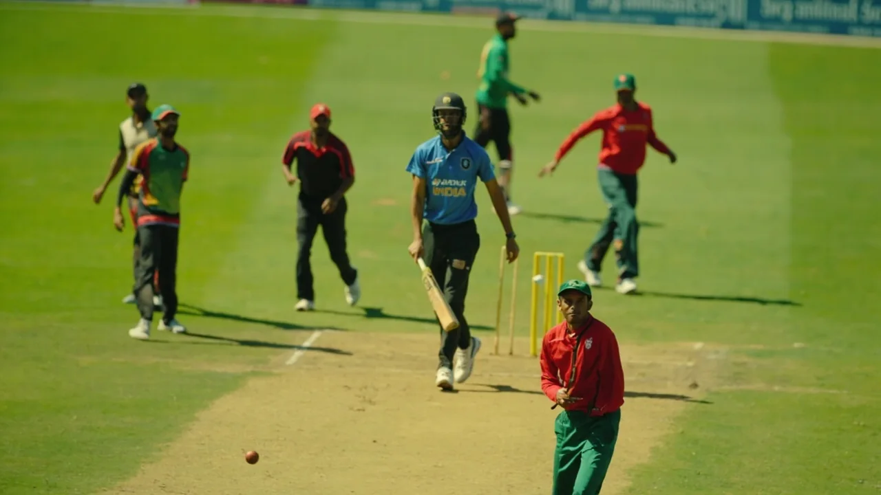 Fielders set in catching positions during a T20I middle-overs spell under floodlights