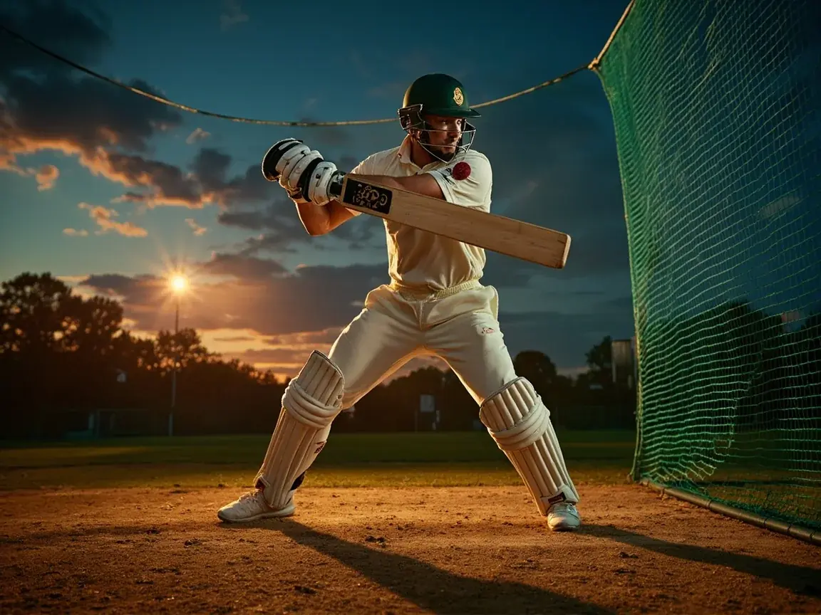 A batter plays a controlled shot through the covers during a night match