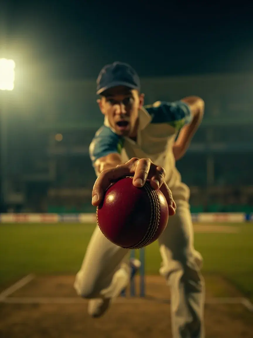 A bowler delivers the ball at pace under floodlights