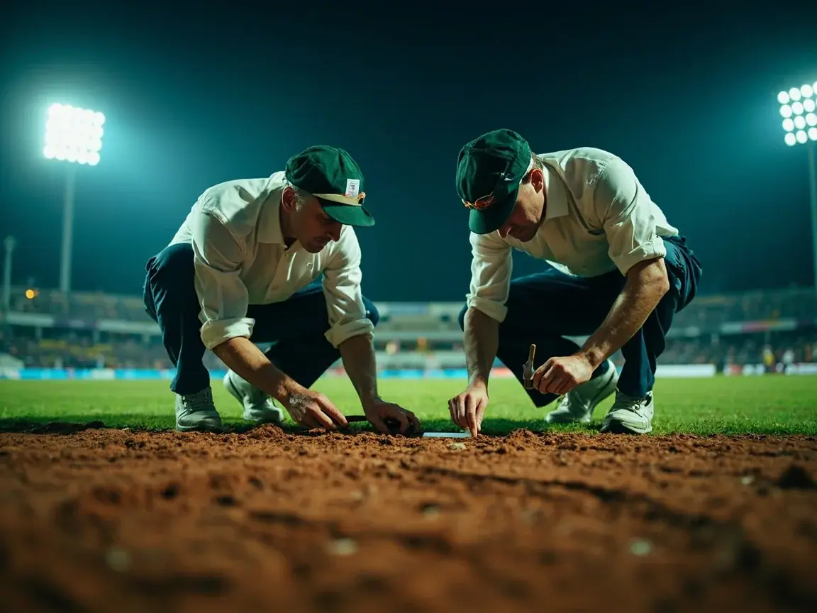 A curator and analyst inspect the pitch before a night fixture