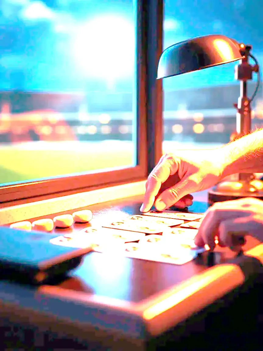 A selector lays out team photo cards on a dark desk