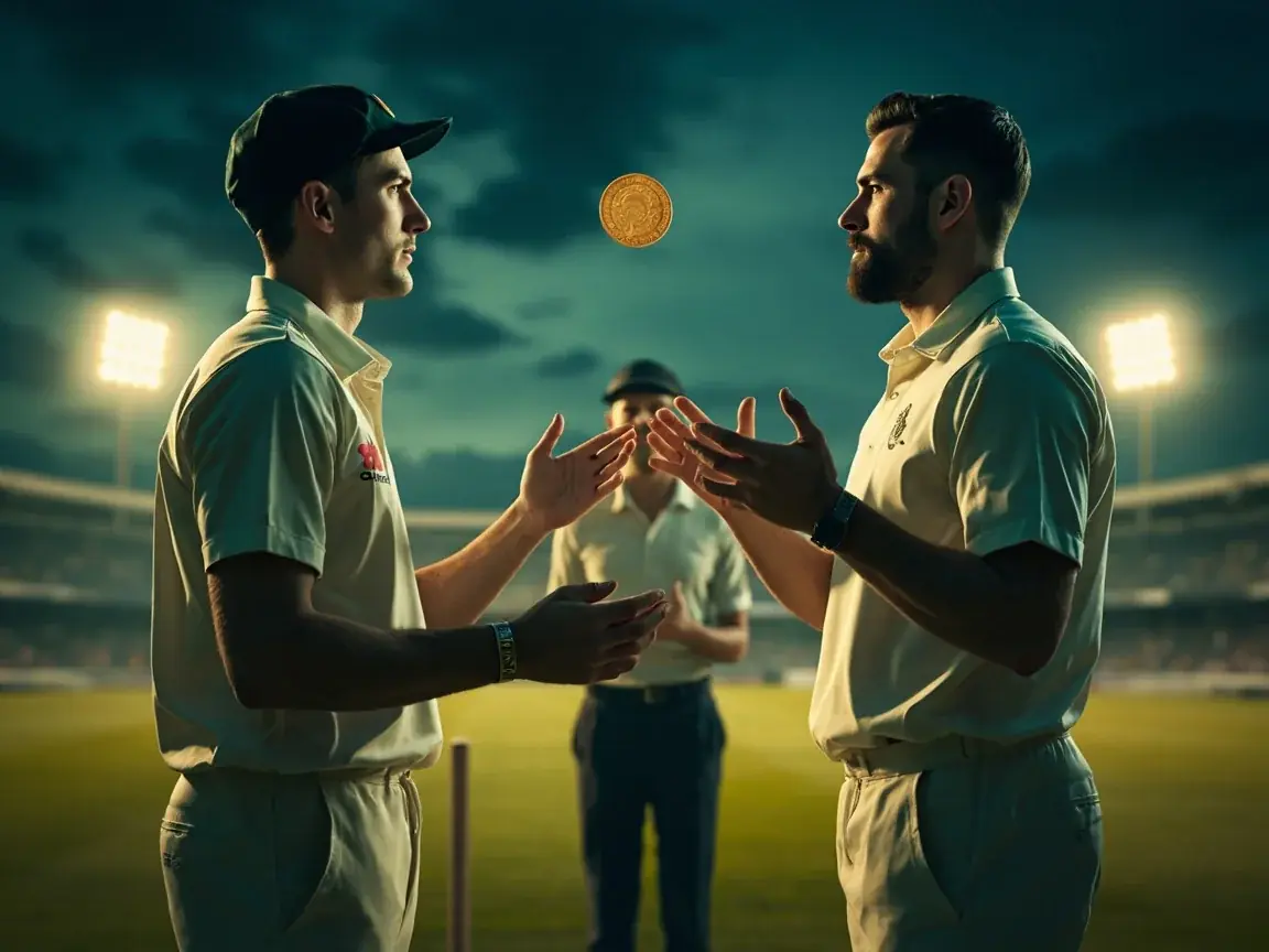 Two captains and an umpire at the coin toss on a floodlit ground
