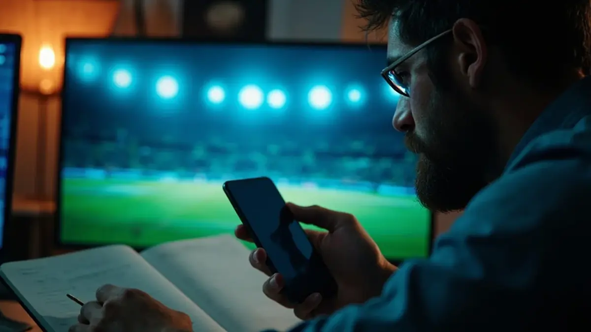 A smartphone propped on a desk displaying a cricket app, mid-match