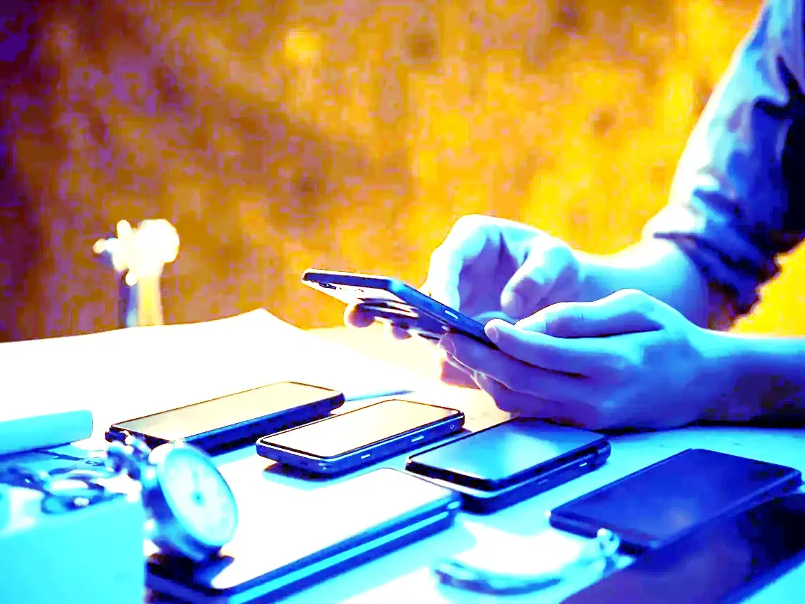 Six mobile devices arranged on a wooden desk for testing