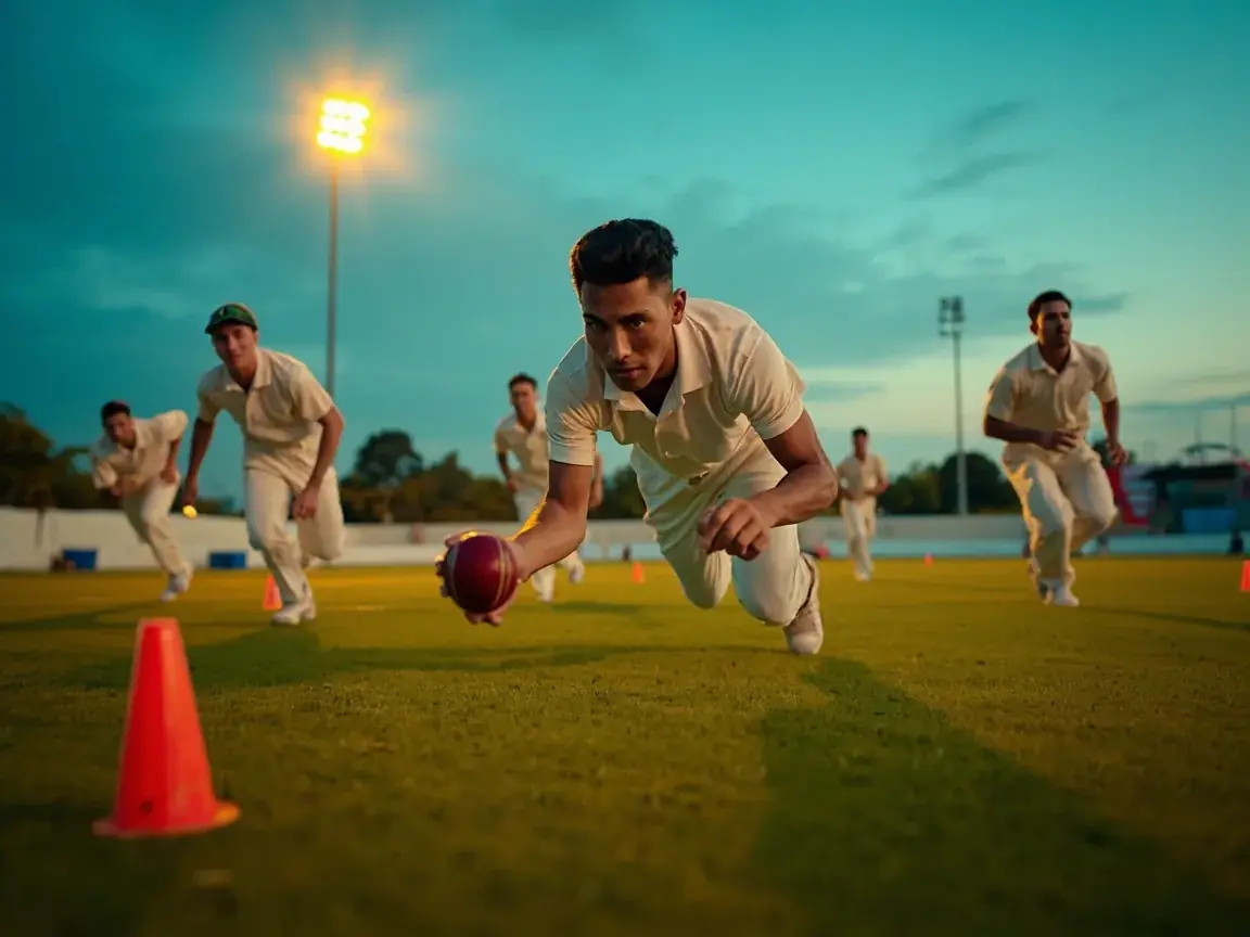 A squad runs a fielding drill on a floodlit practice pitch