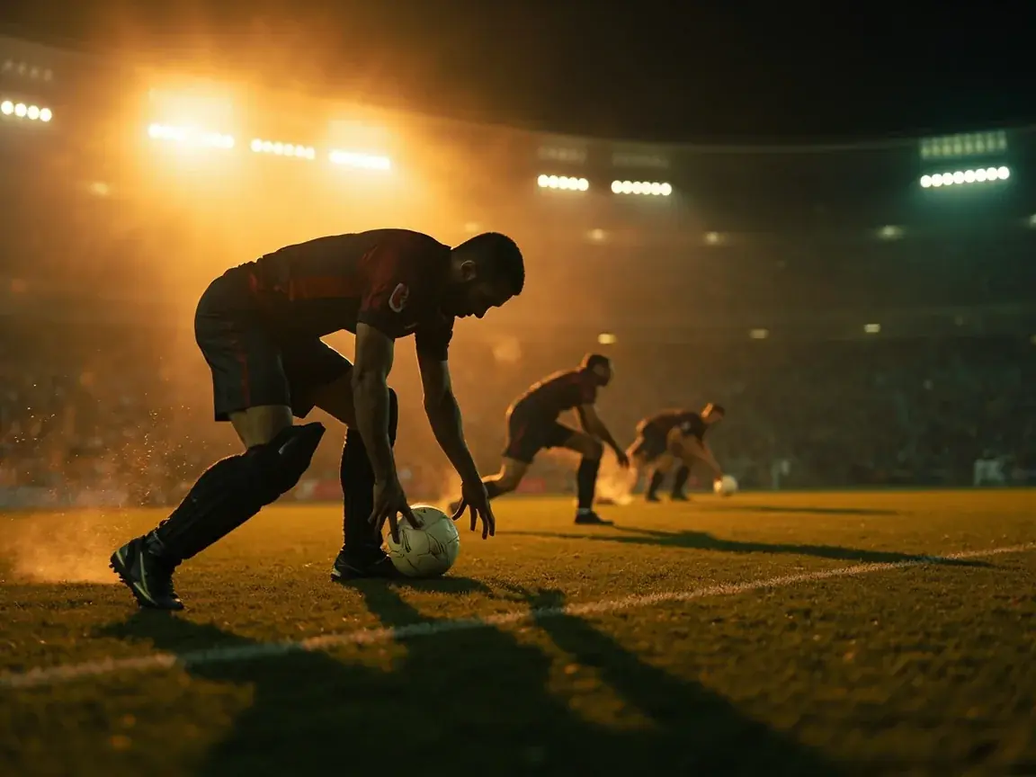 Players shake hands after a knockout-stage match under floodlights