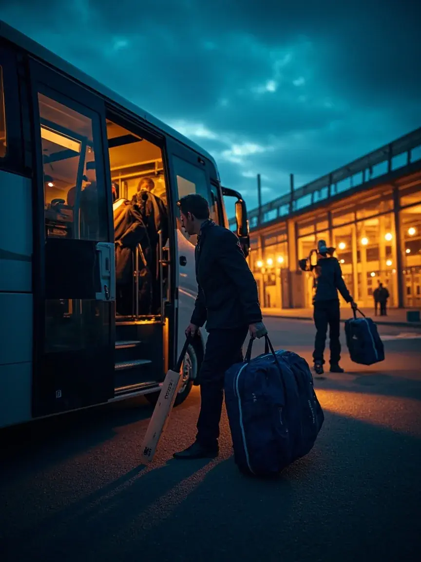 Players board the team coach at a floodlit ground after a match